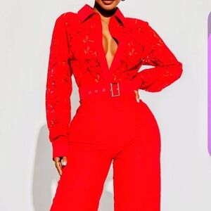 Source Unknown Scarlet Lace Belted Jumpsuit